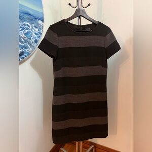 Tahari Arthur S. Levine Black and Gray Horizontal Striped Midi Dress